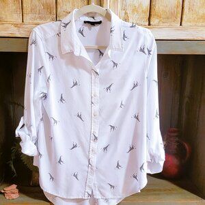 Jane and Delancy White and Black Giraffe Designed Long Sleeve Blouse in size L